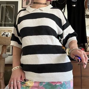 vintage 80s le roy knit wear black & white striped short sleeved sweater / sz lg